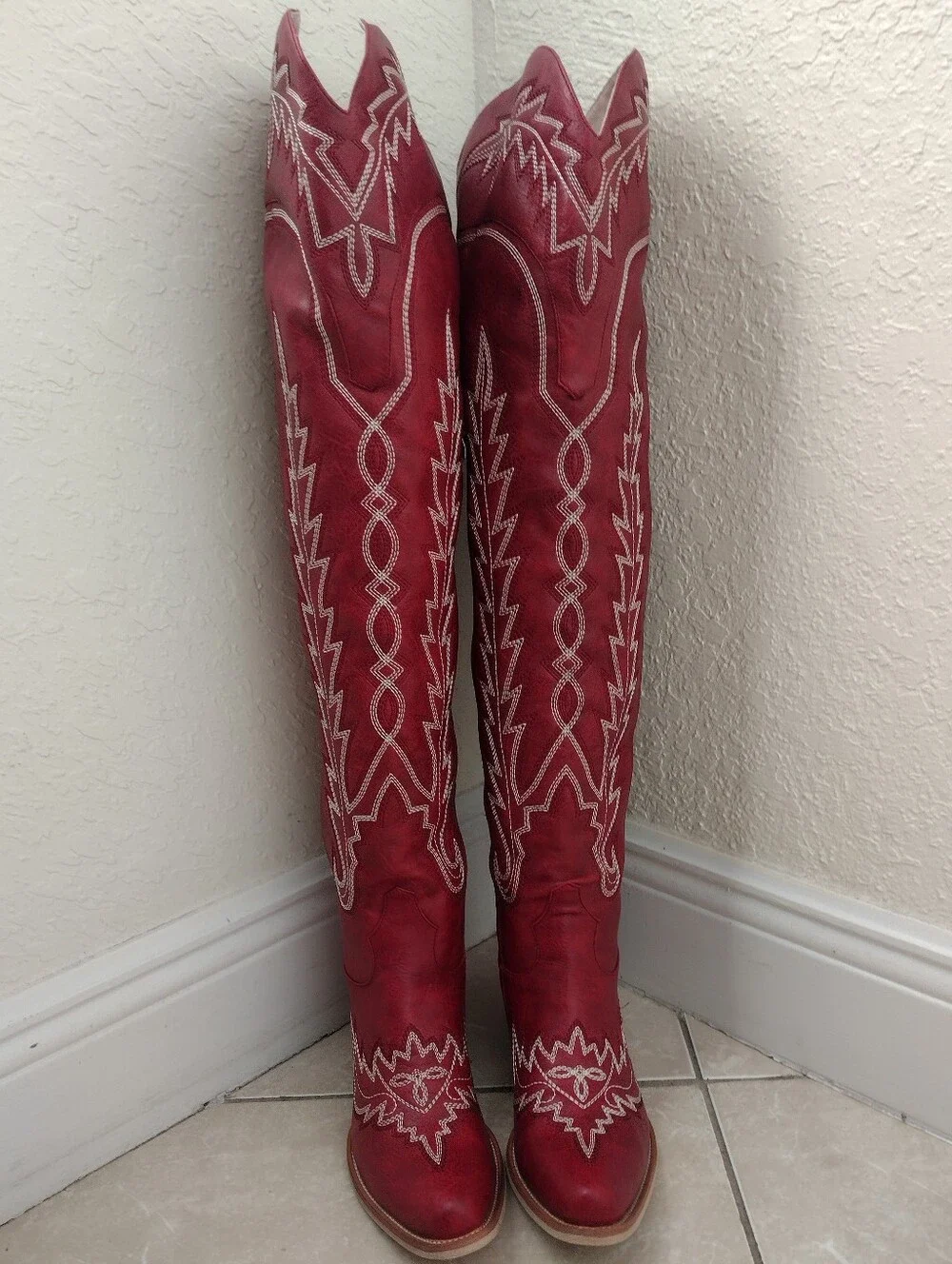Red Over-the-Knee Western Cowboy Boots Lace-Up Snip Toe 7.5